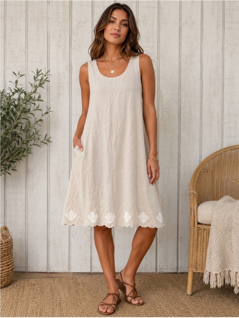NWT Calypso St. Barth Tan Shell Embroidered Linen Blend Dress SZ L Resortwear
